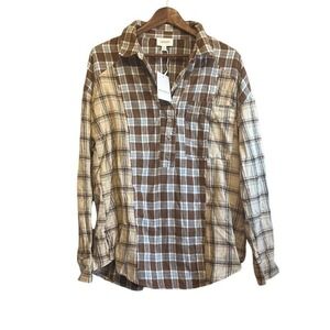 Heyson Brown Plaid Long‎ Sleeve Button Up Flannel Shirt Cottagecore Casual